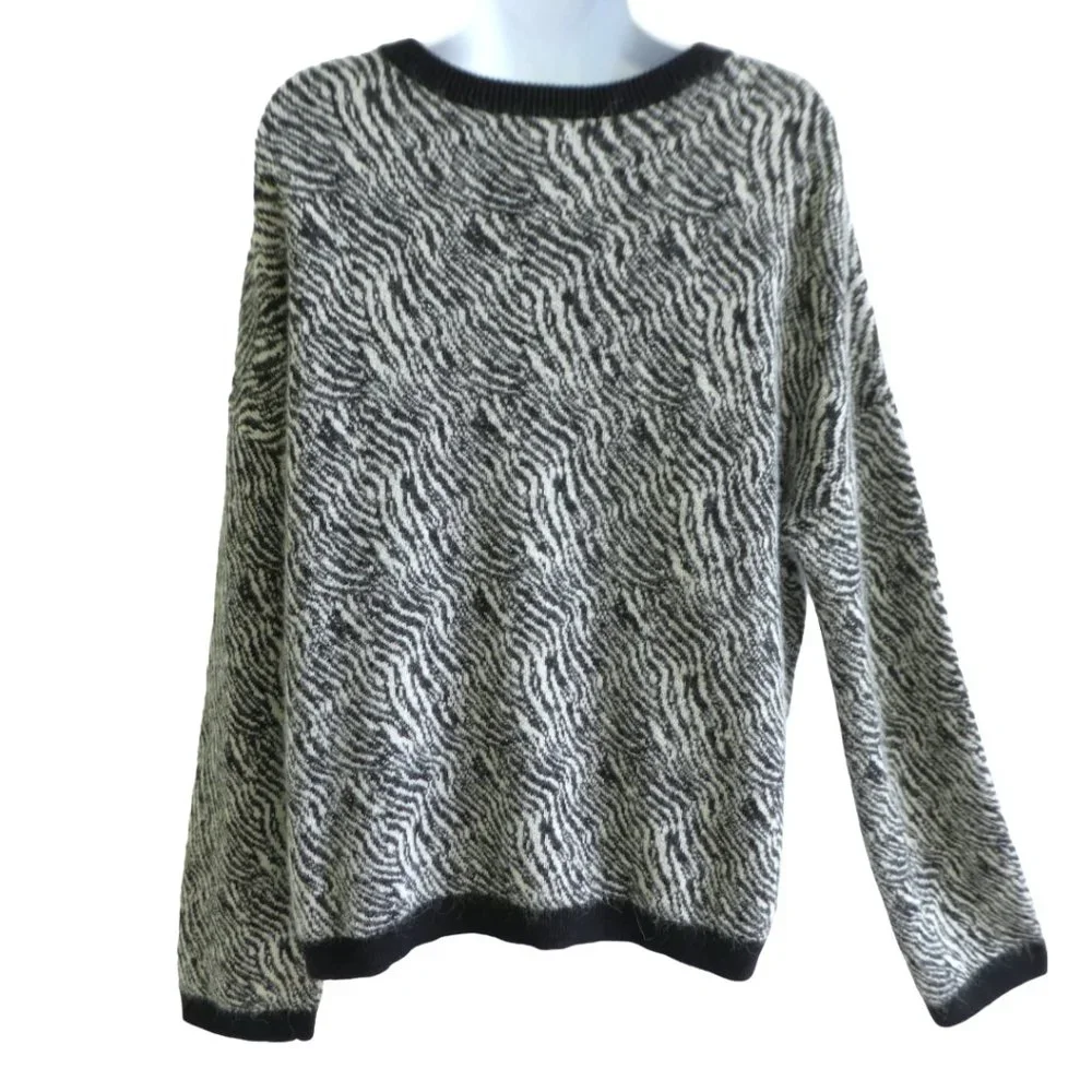Alpaca Silk Cashmere Blend Nordstrom Animal Sweater Ribbed Knit Black Trim L